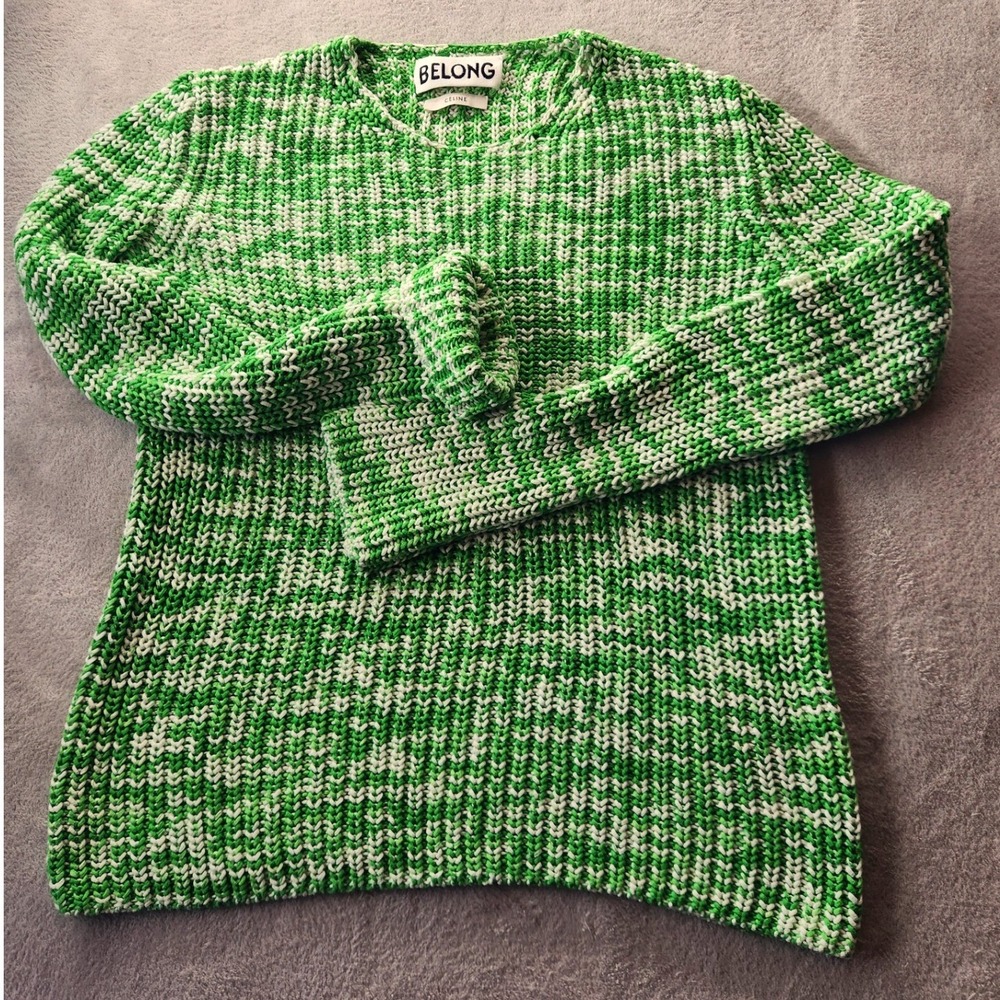 Belong by Celine Green White Marled Chunky Knit Crewneck Sweater Womens S - Picture 2 of 11